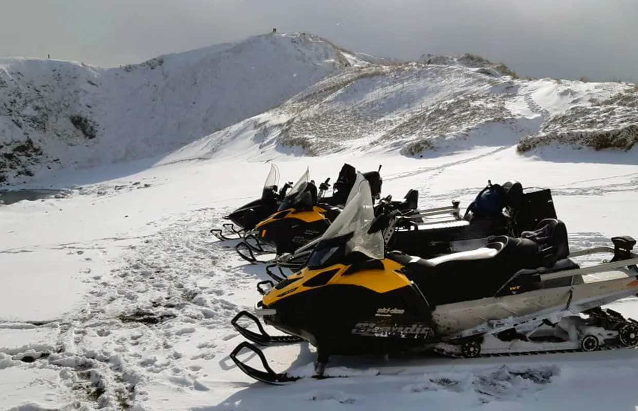 Winter snowmobile tour to Cape Evstaphia and Turquoise Lakes